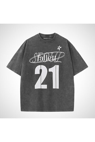 Le Savu Πλενόμενο μπλουζάκι Stoul 21 με στάμπα Unisex Oversize Vintage