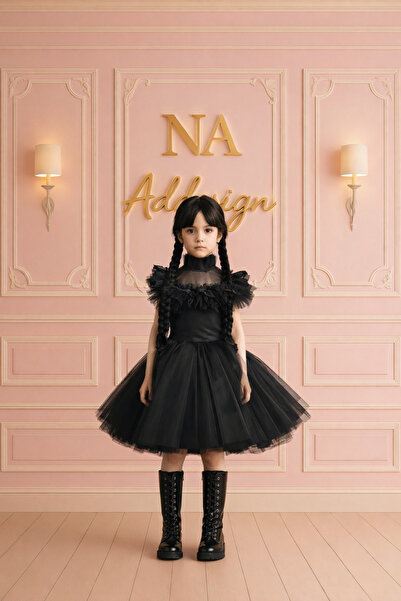 NA ADDESIGN Черна рокля с тюл и волани за момичета от сряда