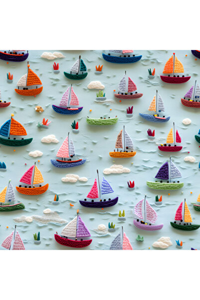 Novinqa Nakış Efektli Gemi Desenli Dijital Baskılı Kumaş