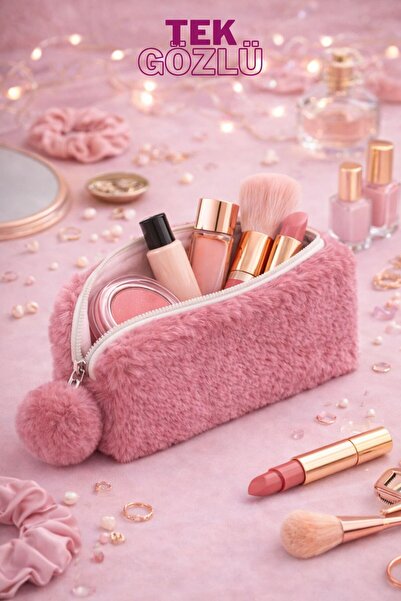 Bambus Peluş Tek Gözlü Bölmeli Kumaş Çok Amaçlı Fermuarlı Seyahat ve Makyaj Ç...