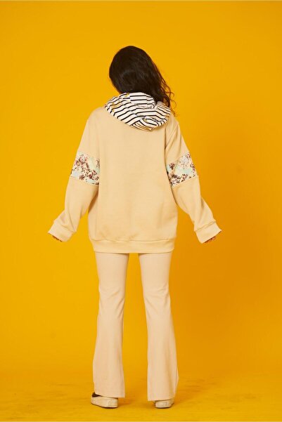 Nani Collection Nani| Taş Rengi, Mavi Çiçek Desenli Unisex Oversize Sweatshirt