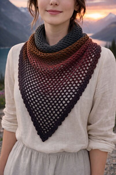 KMFashion Title: Hand-Knitted Batik Yarn Triangle Scarf – Soft Textured, Grad...