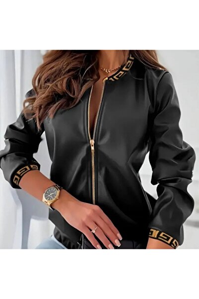 WellWay Ribana Sleeve and Collar Detailed Front Zipper Faux Leather Jacket-Bl...