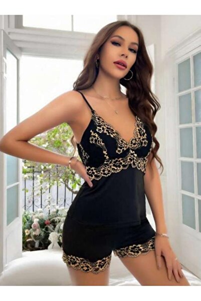 MYDORA LİNGERİE Women's Heart Collar Chest Embroidered Silky Satin Sleep Set
