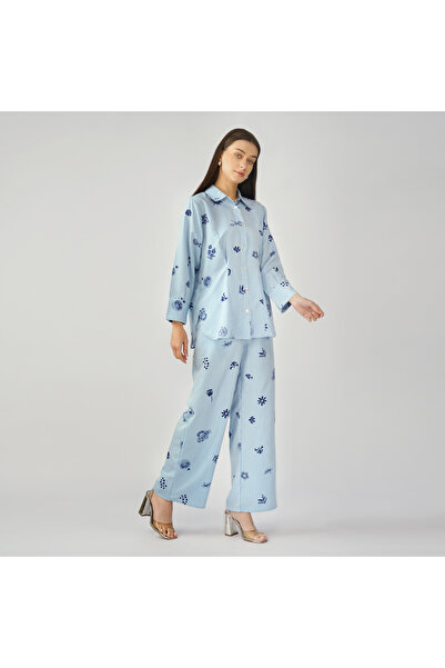 LINELLE Blue & White Abstract Printed Coord Set with Button-Down Shirt