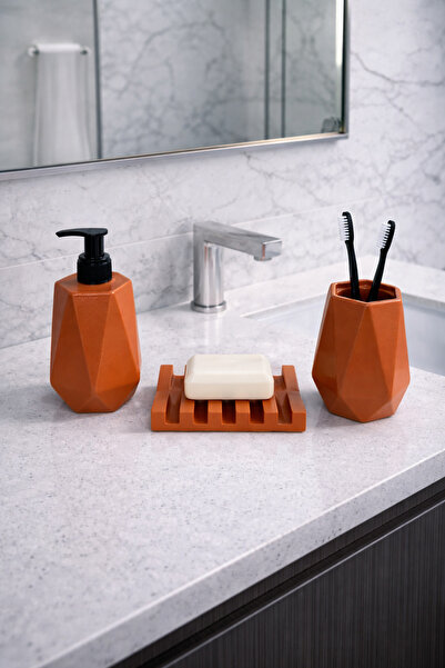 Zigzag Home طقم حمام من الخرسانة باللون البرتقالي الهندسي المزخرف مكون من 3 ق...