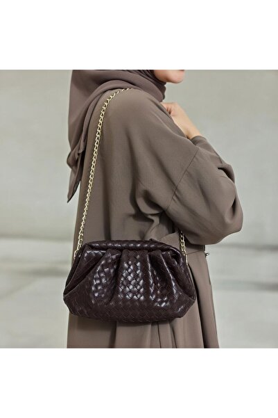 MayCap Bitter Brown Knitted Patterned Chain Strap Mini Clutch Bag Veneta Styl...