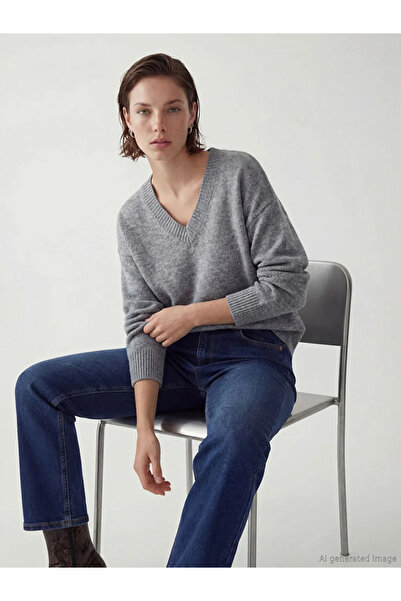 LC Waikiki Lcw Vision Anthracite V-Neck Oversize Women's Knitwear Sweater