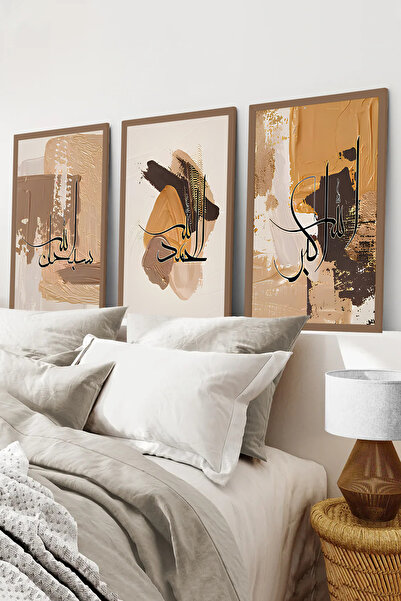 kutuTR Kahverengi Ahşap Çerçeveli 2DUV Baskı 3’lü MDF Tablo–Altın Işıltılı Ha...