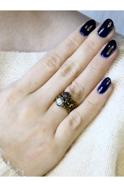 esha Double Natural Stone Flower Motif Antique Women's Adjustable Ring Dentri...