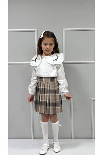 vera kids set cămașă și fustă brodate pentru fetițe guler tip Peter Pan