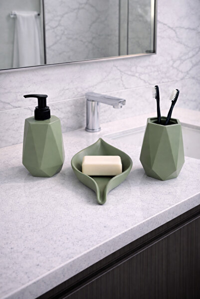 Zigzag Home طقم حمام من الخرسانة باللون الأخضر الهندسي المزخرف مكون من 3 قطع،...