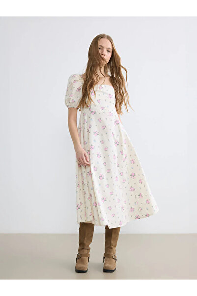 LC Waikiki XSIDE Ροζ Φλοράλ Φόρεμα με Μανίκια Μπαλόνι Με εφαρμογή στη μέση