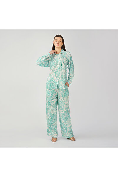 LINELLE Teal Green & White Motif Printed Coord Set with Bead Embroidery