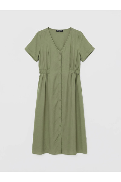 LC Waikiki LCW Комфортна зелена рокля с V-образно деколте и А-силует