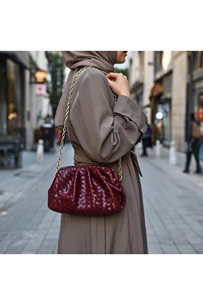 MayCap Burgundy Knitted Patterned Chain Strap Mini Clutch Bag Veneta Style Kn...