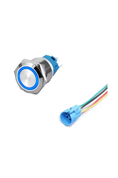 OEM Intrerupator buton SW 3 ON-OFF cu retinere metal 19mm 12-24V LED albastru