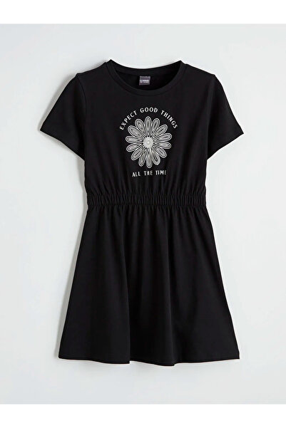 LC Waikiki Lcw Eco Black Crew Neck Floral Printed Girl's Dress