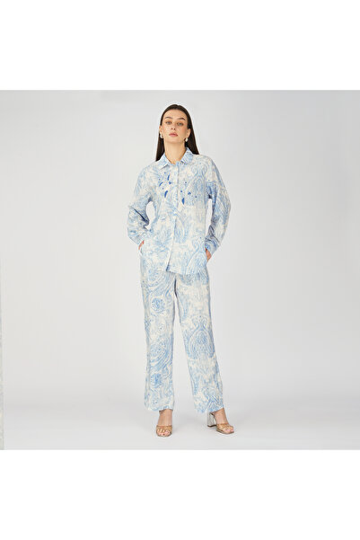 LINELLE Blue & White Motif Printed Coord Set with Bead Embroidery