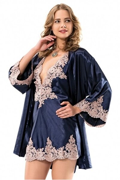 bipamuk Premium Lace Detailed Women's Satin Double Nightgown and Robe Set