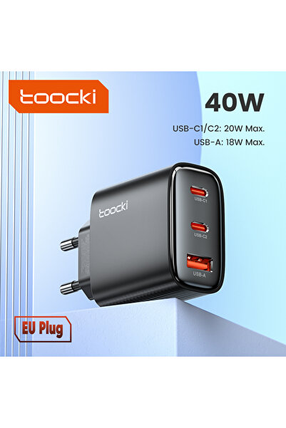 Toocki شاحن أوروبي أسود 40 واط بتقنية GaN للهواتف، شحن سريع USB-C لهاتف آيفون 15