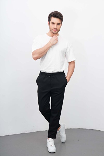 DI LORIA Men's Black Comfortable Fit Double-Legged Lycra Jogger Pants with Si...