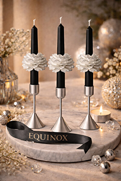 EQUINOX MUM EQUİNOX (SADECE MUM) 3’lü Siyah Şamdan Mumu – Gümüş Detaylı Şakay...