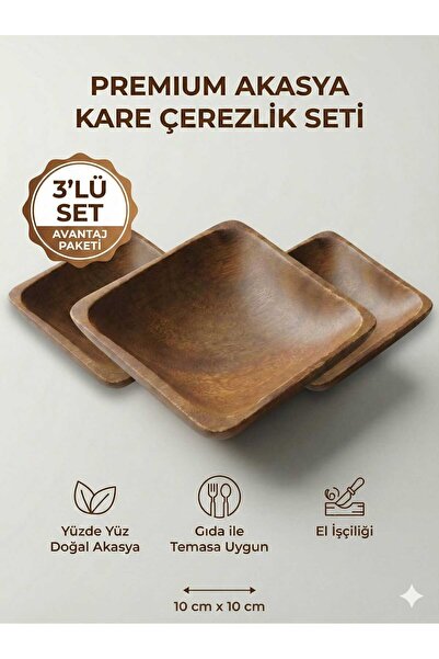 LOVYCO Akasya Ahşap Kare Çerezlik ve Sunum Kasesi Seti - 3 Adet - 10x10 cm