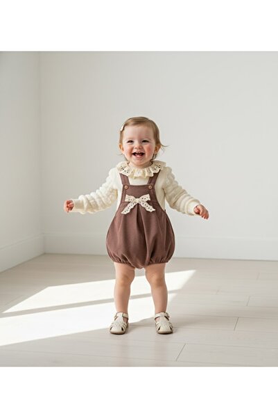 minicayzen Bella Lace Romper Kahve Fisto Yakalı Kız Bebek Salopet