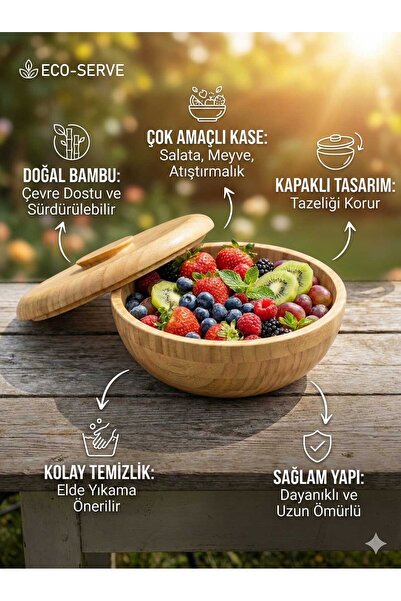 LOVYCO Premium 25 cm Bambu Salata Kasesi - Kapaklı Doğal Ahşap Sunum Kasesi -...