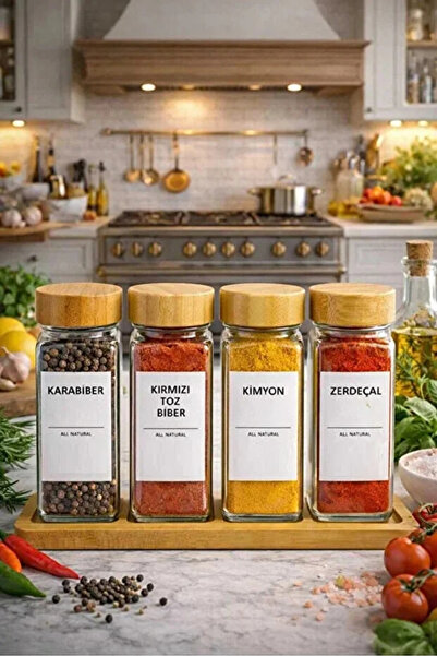 Rosemor 4-Piece Spice Jar Set with Stand, Bamboo Lid, Labeled Glass Square Sp...