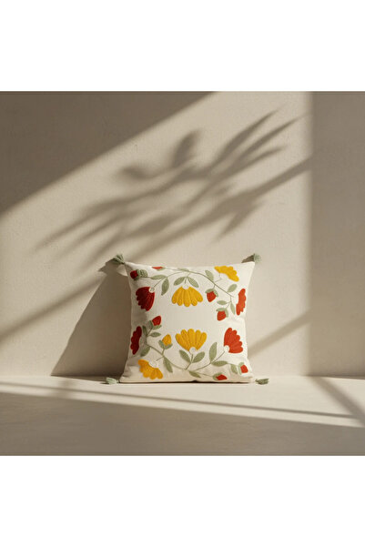 Shopyteks Yellow Red Floral Embroidered Tasseled Decorative Throw Pillow Cove...