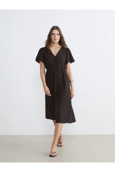 LC Waikiki Lcw Comfort Brown V-Neck Waist-Sitting Dress