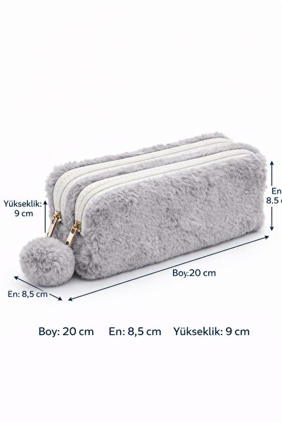Bambus Home Peluş Çift Gözlü Bölmeli Okul İçin Ponponlu Çok Amaçlı Organizer Kalemlik Kalem Kutusu