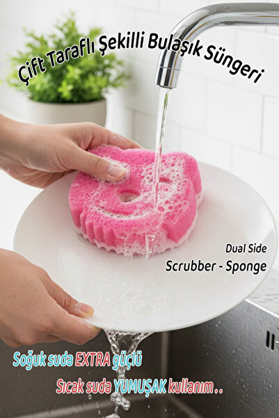 Ezupack Pembe Çift Taraflı Şekilli Bulaşık Süngeri Özel Dokulu, Dayanıklı Mut...