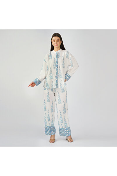 LINELLE White Coord Set with Blue Minimal Prints and Contrast Detailing