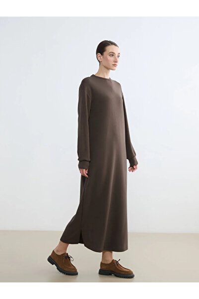 LC Waikiki Lcw Modest Burgundy Crew Neck Slit Sweat Dress