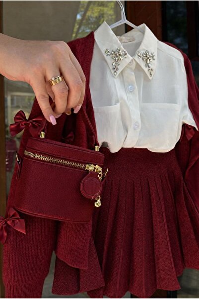 Bisahane Kız Çocuk Örme Hırka Örme Etek Taşlı Gömlek Çanta 4 Lü Takım