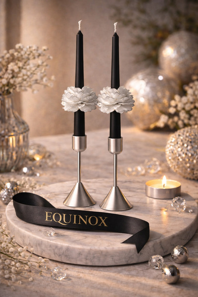 EQUINOX MUM EQUİNOX (SADECE MUM) İkili Siyah Şamdan Mumu – Gümüş Detaylı Şaka...