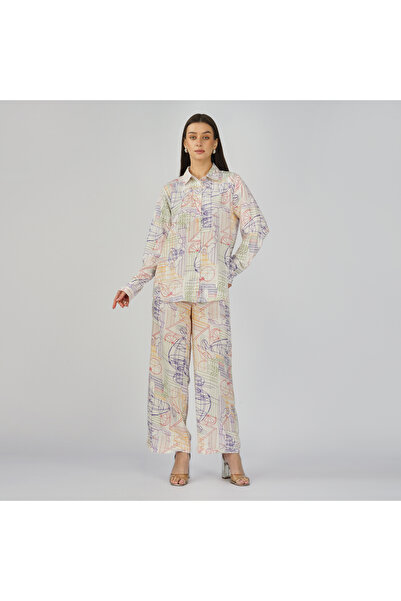 LINELLE White Multicolor Line Printed Coord Set with Button-Down Shirt