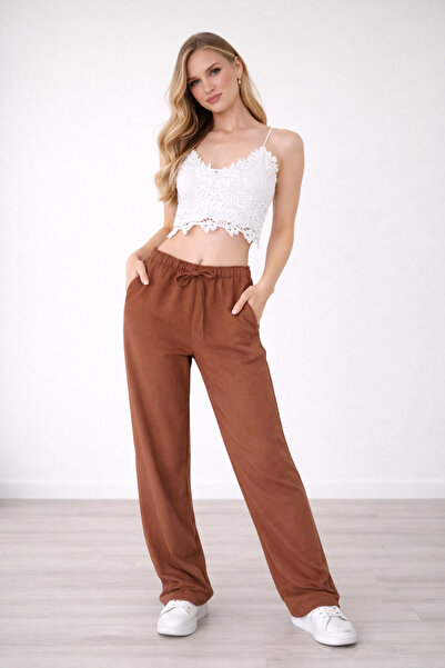 Hazel Women's Brown Linen Blended Loose Cut Trousers