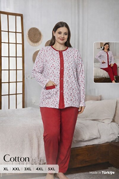 YONCA OUTLET Women's Plus Size Pink Floral Front Buttoned Long Sleeve Cotton ...