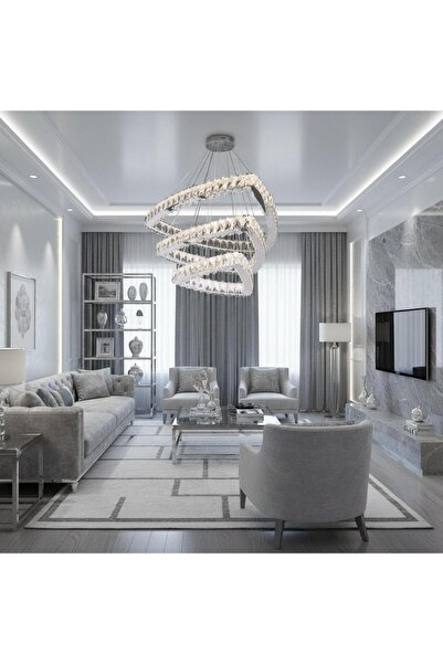 Elizim Home Lighting Simet 3 Katlı Kristal Taşlı Krom Ledli Avize
