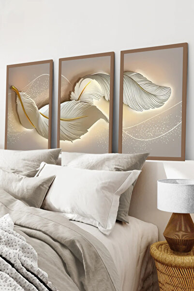 kutuTR Kahverengi Ahşap Çerçeveli 2DUV Baskı 3’lü MDF Tablo–Gold Detaylı Beya...