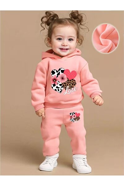 buendiakids Çocuk Pembe Love Kalpli Çiçek Baskılı Kapşonlu Lastik Paça Alt Takım