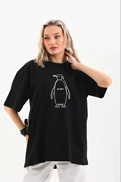 MODA تي شيرت نسائي ذو تصميم خاص من Nihilist Penguin ذو رقبة دائرية كبيرة الحج...