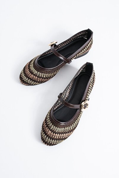 Moda Pie Yamas Örgü Renkli Atkılı Kadın Babet Kahve