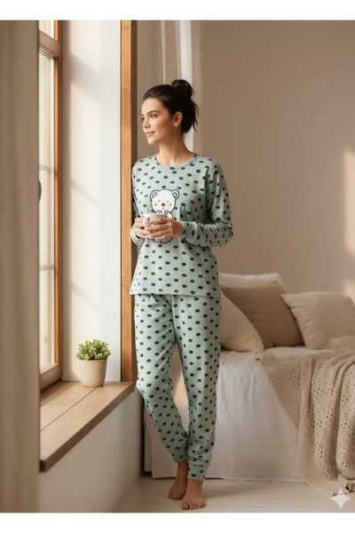 Butik Kadın Mint Yeşili Ayı Figürlü Puantiye Desenli Fitilli Pijama Takımı