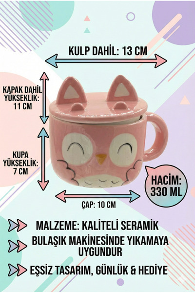 RİVO HOME DECOR The Mia Baykuş Figürlü Kapaklı Seramik Kupa 330 ml