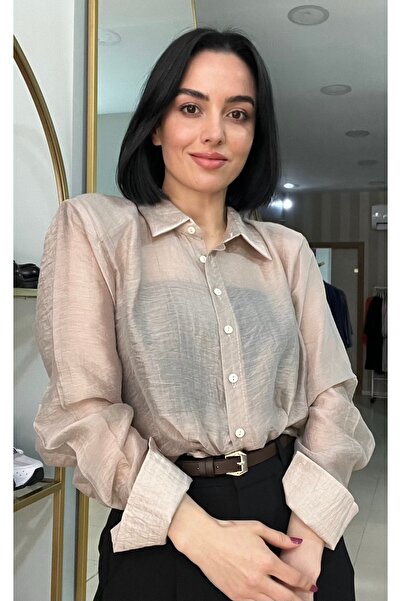 Passion Moda Evi Bej Vatkalı Transparan Gömlek